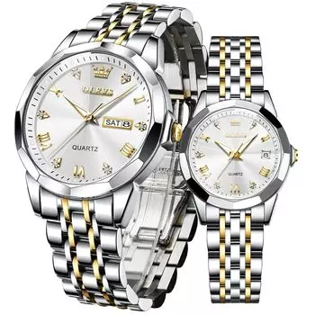 OLEVS Парные часы Популярные парные часы Кварцевые бриллиантовые нержавеющая сталь Водонепроницаемые Дата Светящиеся белые Подарочные часы для пары подарочный набор (Белое золото)