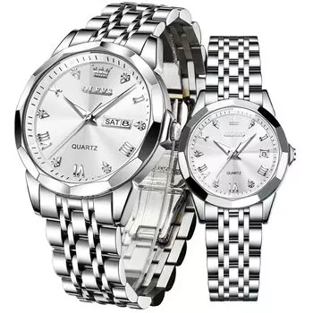 OLEVS Парные часы Популярные парные часы Кварцевые бриллиантовые нержавеющая сталь Водонепроницаемые Дата Светящиеся белые Подарочные часы для пары подарочный набор (белый)