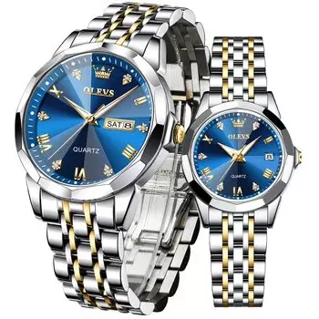 OLEVS Парные часы Популярные парные часы Кварцевые бриллиантовые нержавеющая сталь Водонепроницаемые Дата Светящиеся белые Подарочные часы для пары подарочный набор (синий) синий