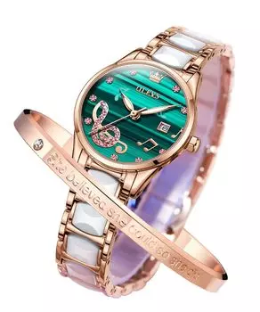 OLEVS популярные японские розовые часы с ручкой, легко поставляются с женскими часами, часы, механизм, керамические, светящиеся, золотые, милые, дата, водонепроницаемые, для чтения, зелёный