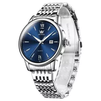 OLEVS популярные водонепроницаемые аналоговые часы стильные серебряные часы для мужчин деловые часы дата простые синие циферблаты модные кварцевые серебряные часы из нержавеющей стали