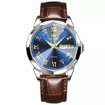 OLEVS Популярные водонепроницаемые деловые наручные часы из коричневой кожи с подсветкой аналоговые часы с датой и днем на золотом синем циферблате для измерения давления, легко считываемые наручные часы, удобные для ношения, мужские
