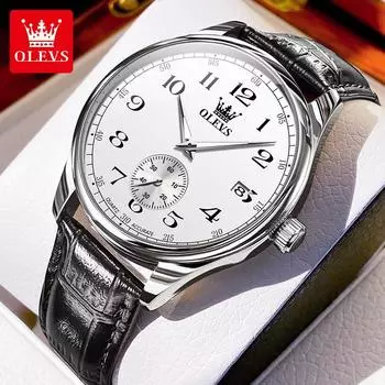 OLEVS повседневные часы для мужчин классические деловые оригинальные кварцевые мужские часы кожаный ремешок водонепроницаемые цифровая шкала мужские наручные часы белый/золотой