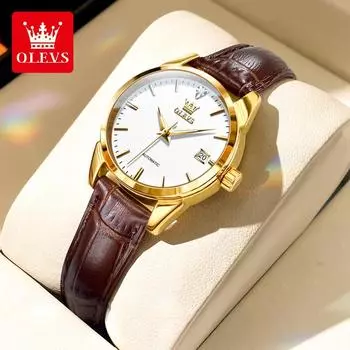 OLEVS, простые автоматические механические часы высокого качества для женщин, женские наручные часы с кожаным ремешком, роскошные элегантные классические женские часы, подарок