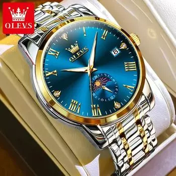 OLEVS римские кварцевые часы для мужчин с датой, водонепроницаемые, оригинальные наручные часы с подсветкой, фазы Луны, роскошные мужские наручные часы серебряный/белый