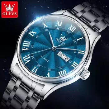 OLEVS роскошные брендовые кварцевые часы для мужчин с римской шкалой из цельной нержавеющей стали с двойным календарем простые мужские часы синий/серебряный