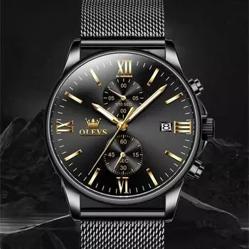 OLEVS Роскошные деловые кварцевые мужские часы со светящимся ремешком из нержавеющей стали и датой чёрный/золотой