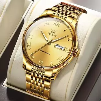 OLEVS Роскошные золотые автоматические механические часы из нержавеющей стали, мужские часы с календарем и неделей, водонепроницаемые светящиеся часы с автоподзаводом и римским циферблатом