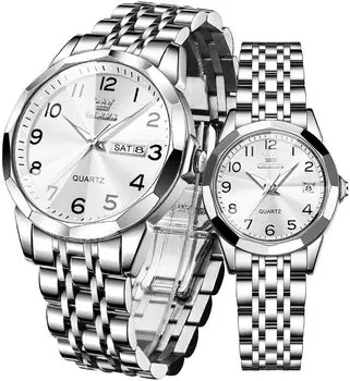 OLEVS Стильные часы для пары, кварцевые, простые, из нержавеющей стали, с датой, водонепроницаемые, с легким для чтения циферблатом, белые, подарочные часы