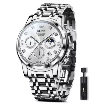 OLEVS Стильные популярные кварцевые наручные часы с датой, водонепроницаемые, деловые, регулируемые, серебряный браслет из нержавеющей стали, спортивные часы-хронограф, повседневные, римские