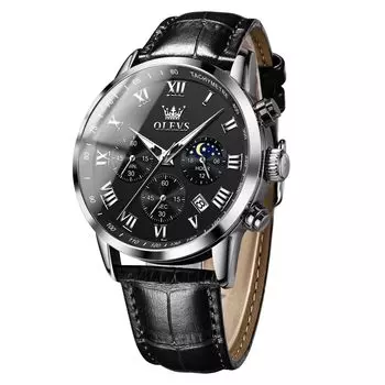 OLEVS Светящиеся черные кожаные аналоговые деловые наручные часы для популярных римских часов Easy to Date с кожаным ремешком, мужские часы, черные, стильные,