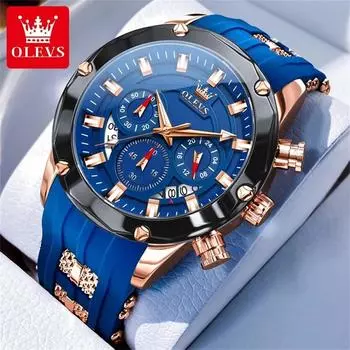 OLEVS Top Trendy Men s Watch Waterproof Silicone Strap Luxury Multifunctional Chronograph Brand Sports Quartz Men s Watch синий