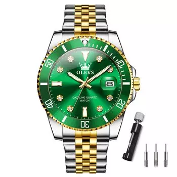OLEVS Водонепроницаемые кварцевые аналоговые часы Золотые серебряные часы из нержавеющей стали с ручным циферблатом зеленого цвета с большим циферблатом для бизнеса Простые модные часы Стильные популярные часы