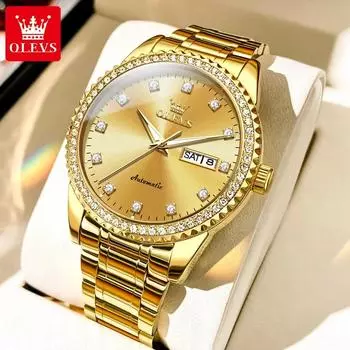 OLEVS Watch Men Gold Automatic Mechanical Clock Fashion Business Watch Men Stainless Steel 3ATM Waterproof Watches золотой