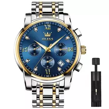 OLEVS Watch Men s Business Watch Arm Watch Men s Brand Metal Band Stainless Steel Band Analog Display Stylish Casual Watch (blue+gold)