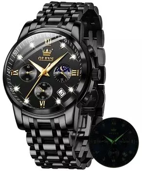 OLEVS Watch Men s Moon Phase Timer Date Quartz Waterproof Stainless Steel Men s Watch Simple Fashion Luminous Watch for men Black