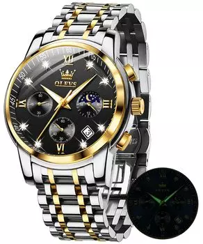 OLEVS Watch Men s Timer Quartz Waterproof Luminous Date Stainless Steel Men Moon Phase Simple Fashion Watch for men Black