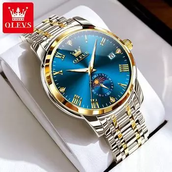 OLEVS Waterproof Luminous Date Moon Phase Business Watch Men s Wacthes Trend Fashion Original Quartz Wristwatch синий/золотой