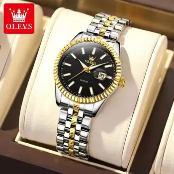 OLEVS Woman Watch Stainless Steel Waterproof Auto Date Elegant Ladies Wristwatch Luxury Original Quartz Watch for Women New чёрный