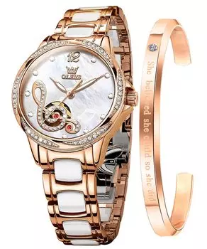 OLEVS Women s Mechanical Arm Watch Women s Automatic Winding Ceramic Pink Gold Crystal Waterproof Stainless Steel White Watch White