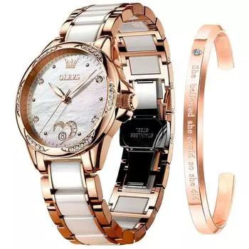 OLEVS Women s Watch Popular Hand Watch Women s Waterproof Ceramic Pink Gold Mechanical Date Bracelet Present Women White watch for women