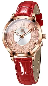 OLEVS Women s Watch Popular Quartz Arm Watch Rose Gold Diamond Quicksand Dial Glitter Waterproof Luminous Present Mother s Day Leather Strap Red