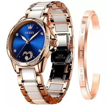 OLEVS Women s Watch, Stylish, Hand Watch, Mechanical, Ceramic, Rose Gold Band, Crystal, Easy to Read Dial, Date, Waterproof, Luminous, Blue
