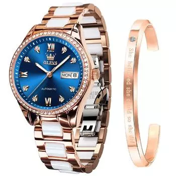OLEVS Women s Watch Stylish Mechanical Women s Popular Arm Watch Date Popular Fashion Dial with Bracelet Ceramic watch for women Blue