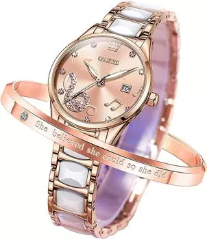 OLEVS Women s Watch, Stylish, Quartz, Women s Arm Watch, Date, Popular, Luminous, Waterproof, Easy to Read, Pink, Comes with a Bracelet, Ceramic