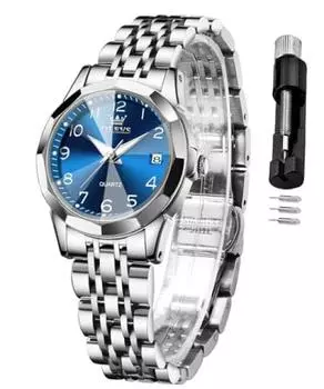 OLEVS Женские часы из нержавеющей стали, популярный модный японский механизм, водонепроницаемые, с указанием даты, легкие в использовании, женские часы синего цвета