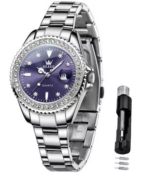 OLEVS Женские часы, Нержавеющая сталь, Японский кварц, Циферблат с бриллиантами, Светящиеся, Легко читаемые, Водонепроницаемость 30 м, Популярные, Милые, Стильные, Деловые,