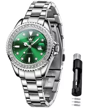 OLEVS Женские часы, Нержавеющая сталь, Японский кварц, Циферблат с бриллиантами, Светящиеся, Легко читаемые, Водонепроницаемость 30 м, Популярные, Милые, Стильные, Деловые,