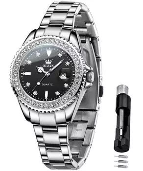 OLEVS Женские часы, Нержавеющая сталь, Японский кварц, Циферблат с бриллиантами, Светящиеся, Легко читаемые, Водонепроницаемость 30 м, Популярные, Милые, Стильные, Деловые,