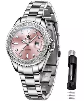 OLEVS Женские часы, Нержавеющая сталь, Японский кварц, Циферблат с бриллиантами, Светящиеся, Легко читаемые, Водонепроницаемость 30 м, Популярные, Милые, Стильные, Деловые,