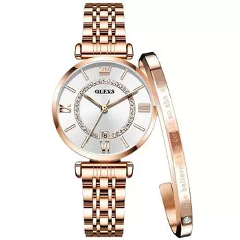 OLEVS Женские часы Простые повседневные Дата Водонепроницаемые Розовое золото Бриллиантовый циферблат Двойная дверь Подарок Винно-красный