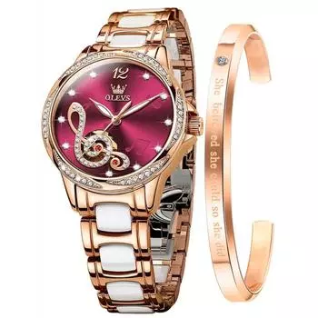 OLEVS женские популярные керамические механические наручные часы женские автоматические розовые золотые кристаллы скелетон водонепроницаемые светящиеся красные женские часы