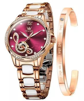 OLEVS женские популярные керамические механические наручные часы женские автоматические розовые золотые кристаллы скелетон водонепроницаемые светящиеся красные женские часы