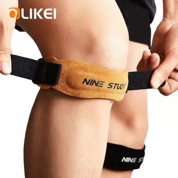OLIKEI 1 шт., пояс для коленной чашечки из коровьей кожи, спортивные наколенники, амортизирующий мениск, наколенник для фитнеса, бега, коленного сухожилия, кожаная поддержка колена One Size чёрный