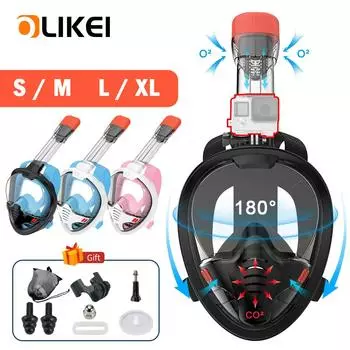 OLIKEI Полнолицевая маска для подводного плавания для взрослых, противотуманная герметичная маска для дайвинга, полностью сухие очки для подводного плавания, безопасное дыхание L/XL чёрный