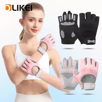 Перчатки для фитнеса OLIKEI с полупальцами для женщин и мужчин, перчатки для тяжелой атлетики, силиконовые противоскользящие, амортизирующие перчатки для спортзала, перчатки для велоспорта и штанги S чёрный