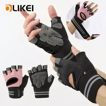 OLIKEI полупальцевые перчатки для фитнеса для мужчин и женщин, перчатки с браслетом, перчатки для тренировок в тренажерном зале, тяжелая атлетика, противоскользящие противоударные спортивные перчатки S чёрный
