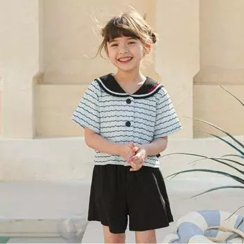 [olivan] Summer Wave Big Collar Top And Bottom Blue Blue/120