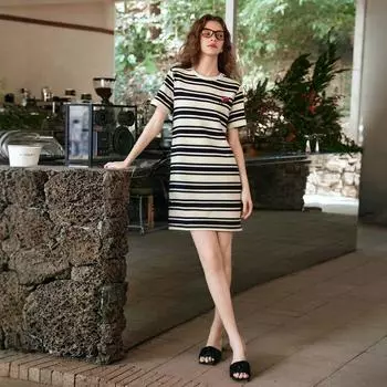 Olrain Ourui Er French style 2025 Summer New Stripe Casual Fashion Dress Small Figure Slimming Long dress Black and white stripes S