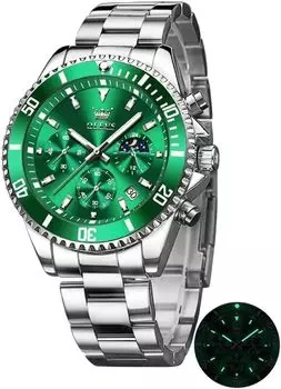 OLVES Мужские кварцевые популярные наручные часы с деловым кварцевым хронографом, легко читаемые, водонепроницаемые, светящиеся, из нержавеющей стали, мужские часы (зеленый)