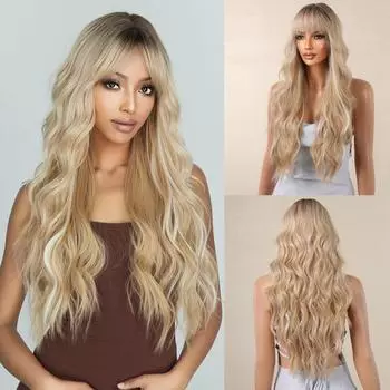 Ombre Blonde Platinum Синтетические парики Длинные вьющиеся волны Парик из натуральных волос для женщин Афро-косплей парик Термостойкие парики с челкой
