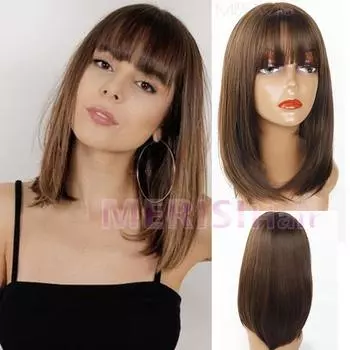 Ombre Bob Wig Прямой парик средней длины для модных женщин 8-33