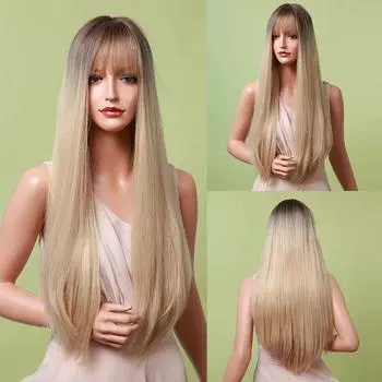 Ombre Коричневые Золотые Синтетические Парики с Челкой Длинные Шелковые Прямые Парики Для Косплея Для Чернокожих Женщин Термостойкие Волосы