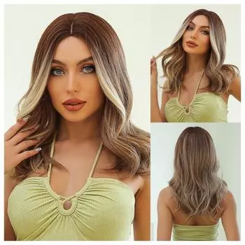 Ombre коричневый блондин золотой синтетический парик со средней частью волнистые парики для косплея для женщин ежедневное использование натуральные волосы термостойкие золотисто-коричневый