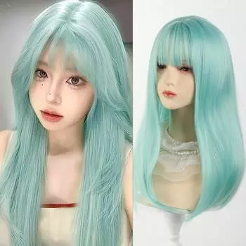 Омбре мятный молочно-зеленый синтетический длинный прямой женский парик с челкой Лолита косплей пушистые волосы термостойкий парик для повседневной вечеринки