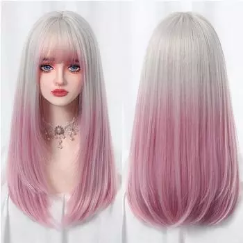 Омбре розовый прямой синтетический парик длинные гладкие волосы для женщин розовый парик с челкой мягкий вечерний косплей высокотемпературное волокно